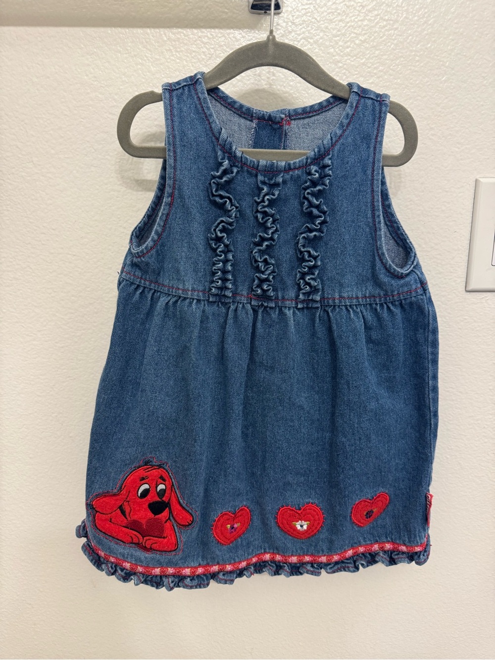 Denim Toddler Dress with Red Heart & Clifford embroidered